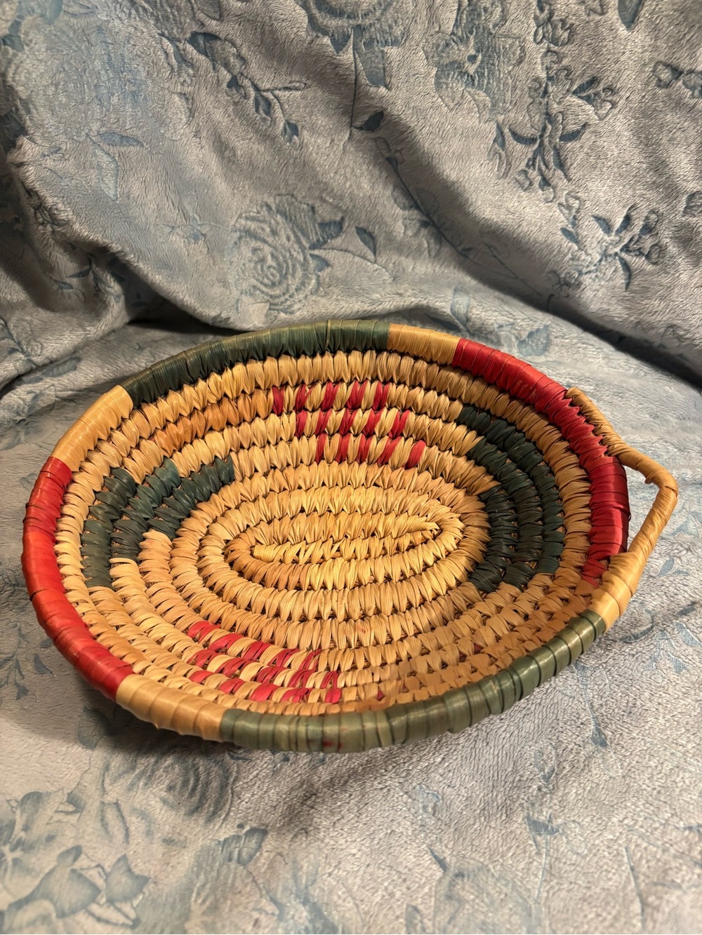 Handwoven Decorative Basket in Natural, Green & Red